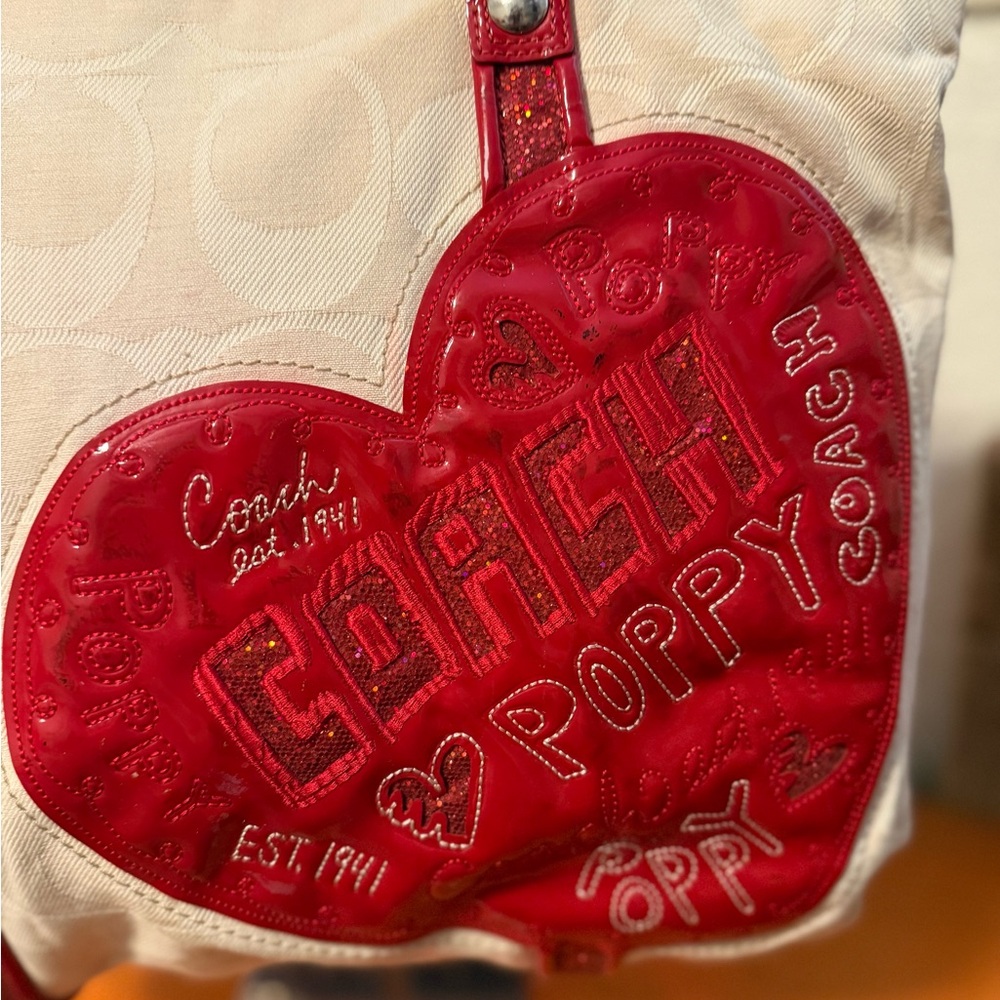 Coach Cream Tote with Red Heart Accents and Straps - Picture 5 of 15